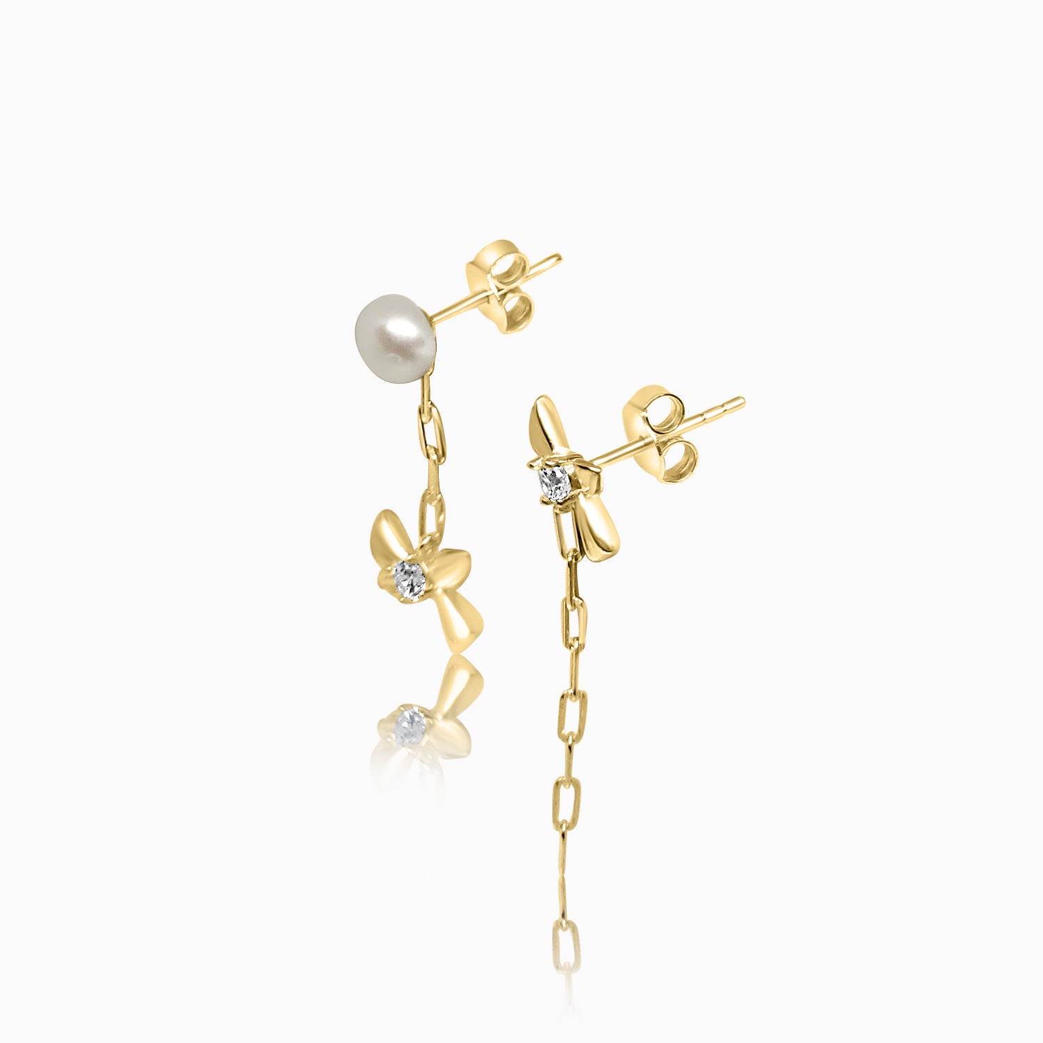 Silver Gold Pearl Linked Little Knot and Chain Earrings