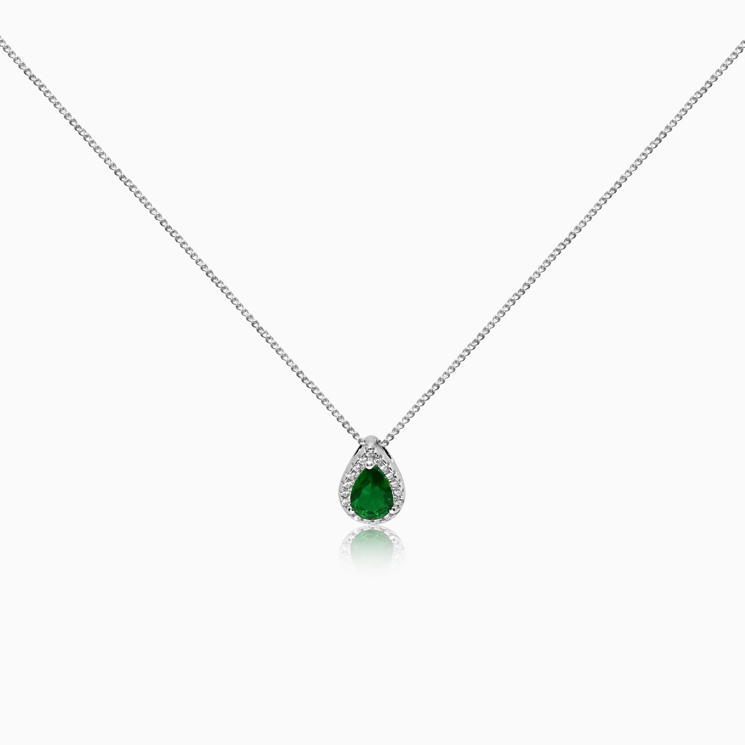 Silver Sparkling Emerald Green Drop Pendant with Link Chain