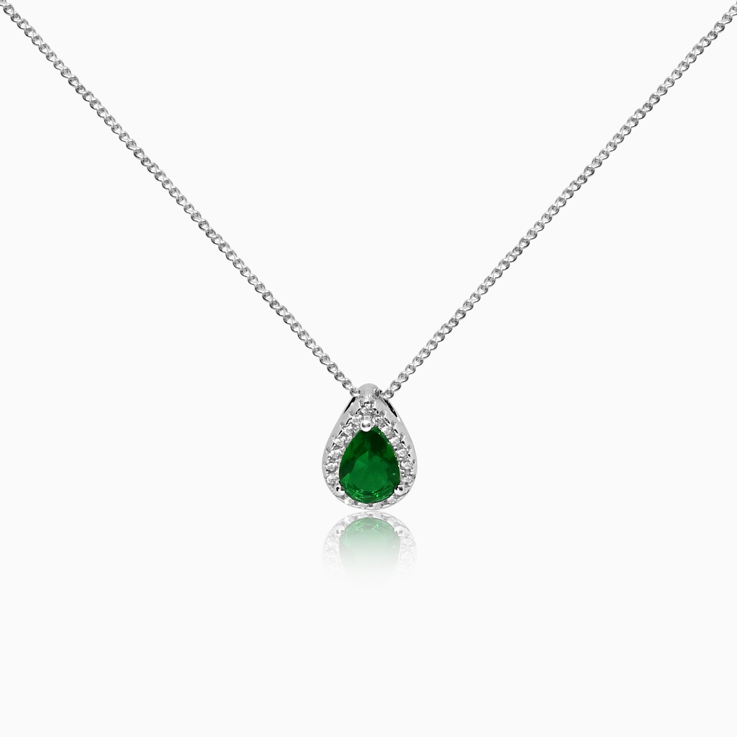 Silver Sparkling Emerald Green Drop Pendant with Link Chain