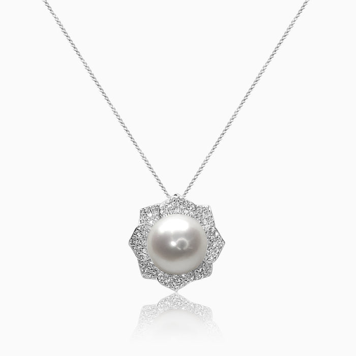 Silver Sparkling Periwinkle Pearl Flower Pendant