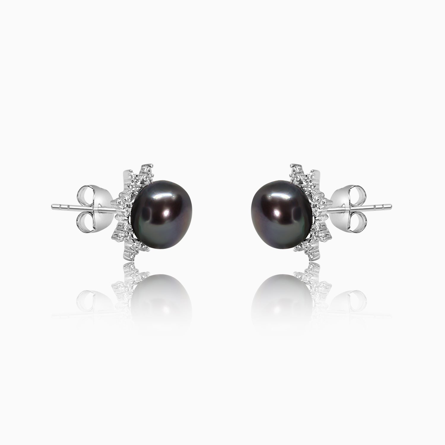 Silver Sparkling Black Pearl Star Earrings