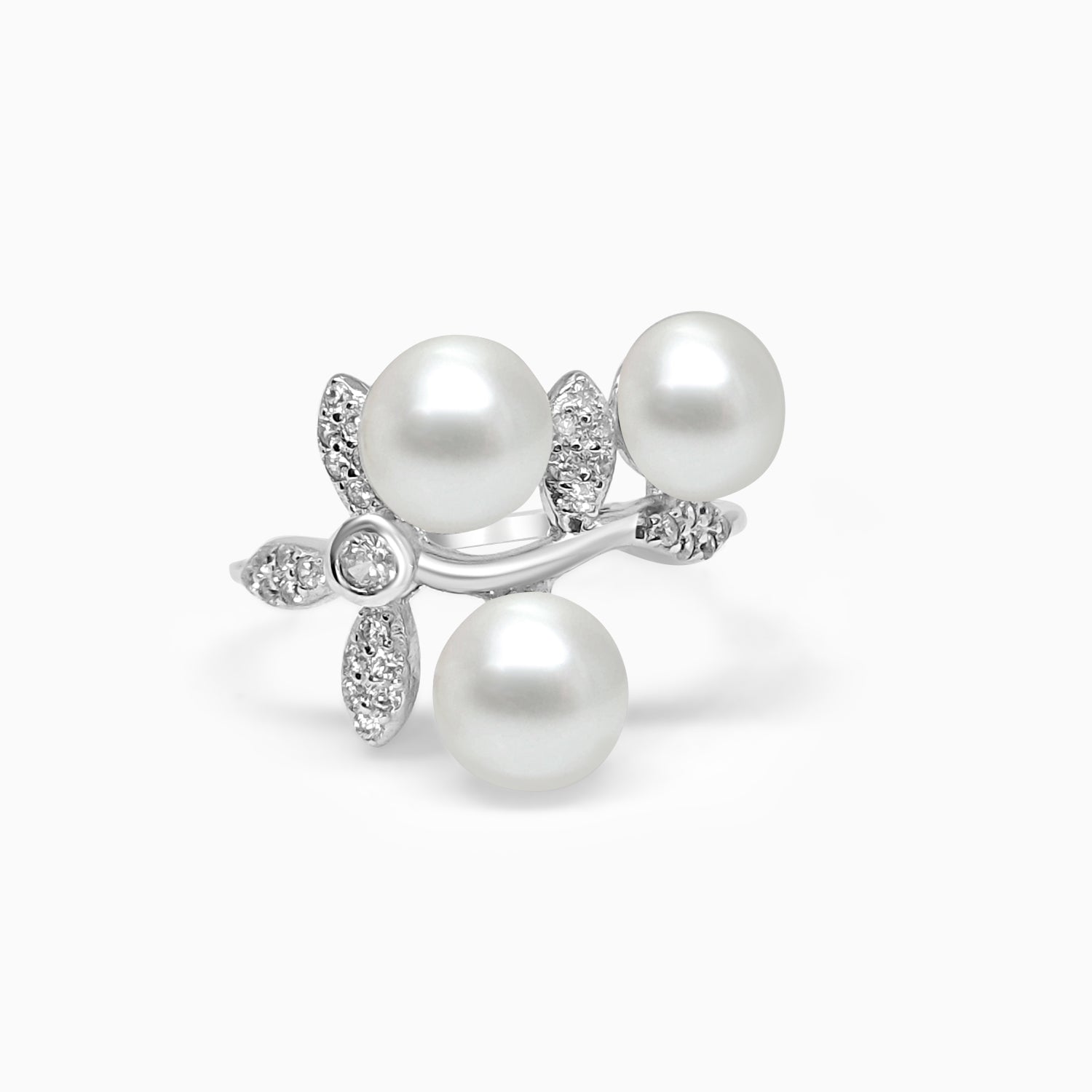 Silver Sparkling Leaves Tres Pearl Ring