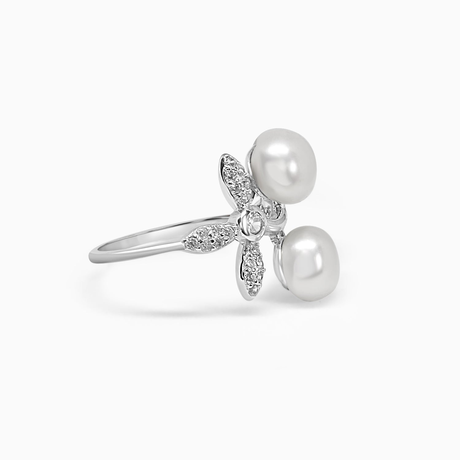 Silver Sparkling Leaves Tres Pearl Ring