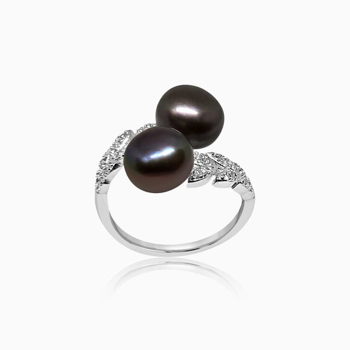 Silver Sparkling Black Pearl Vine Ring