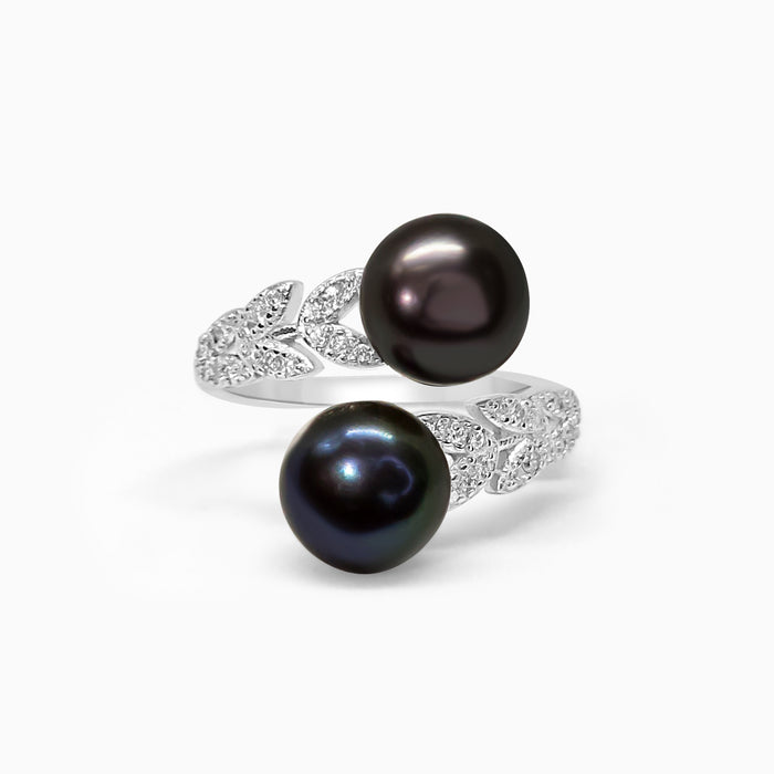 Silver Sparkling Black Pearl Vine Ring