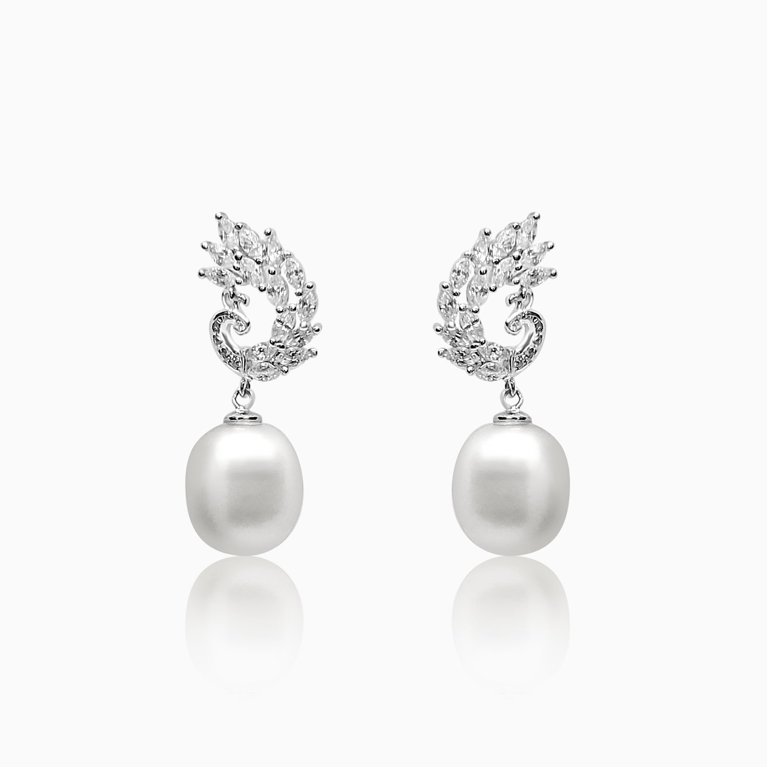 Silver Shimmer Peacock Dangling Pearl Earrings