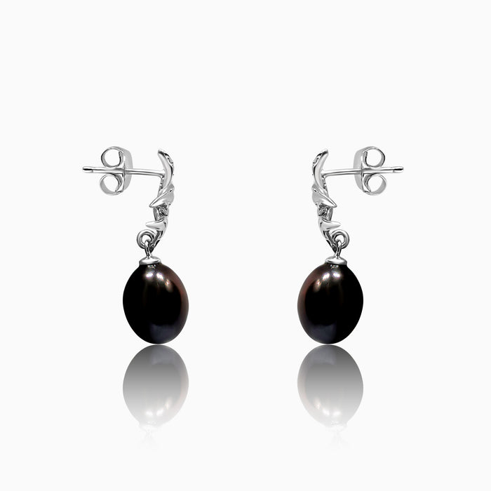 Silver Rain Lily with Dangling Black Pearl Earrings
