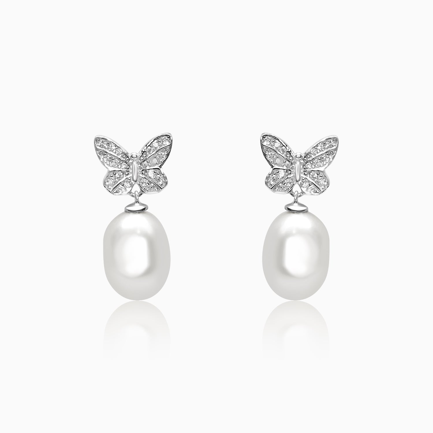 Silver Dangling Pearl Sparkle Butterfly Earrings