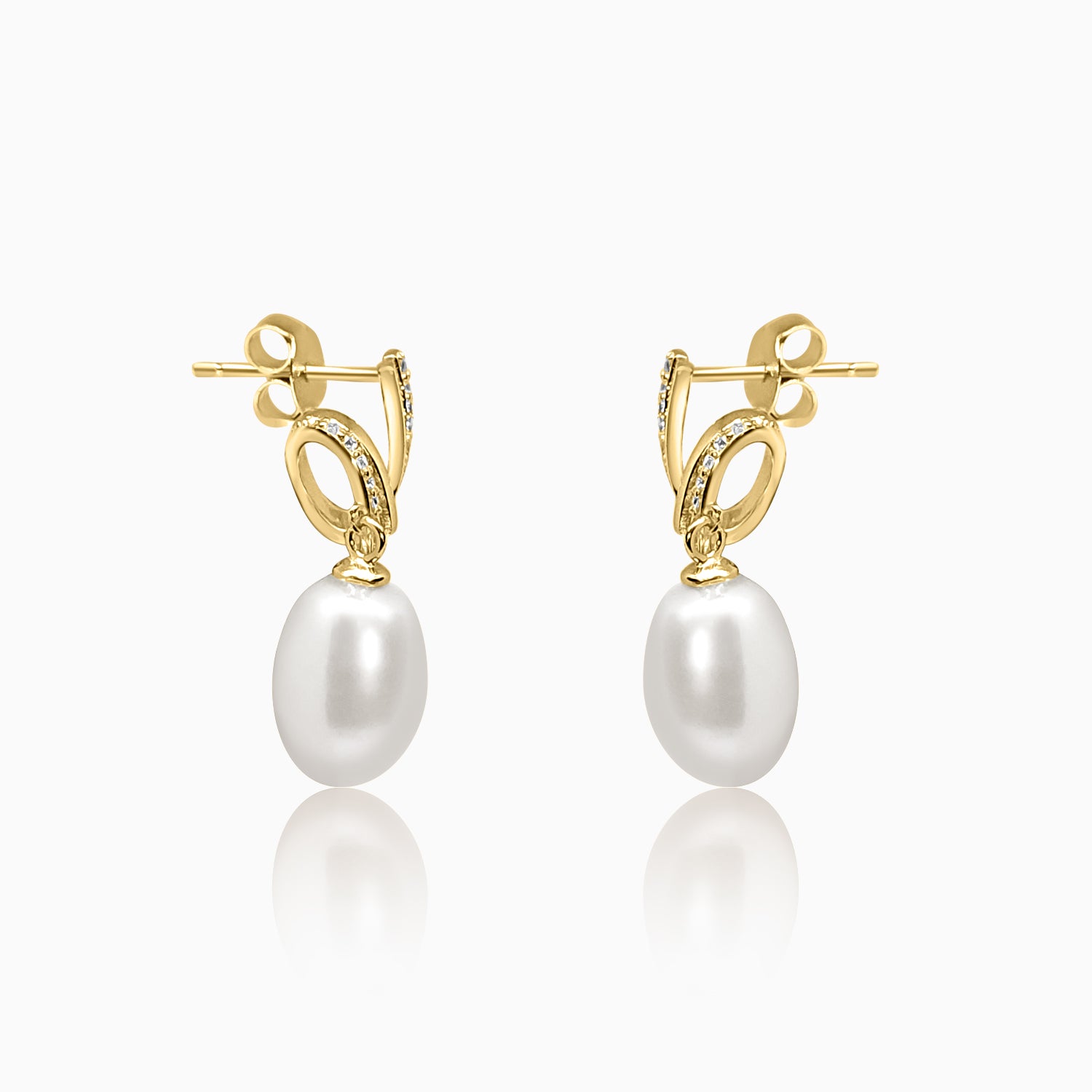 Silver Gold Swirl Ribbon Dangling Pearl Earrings