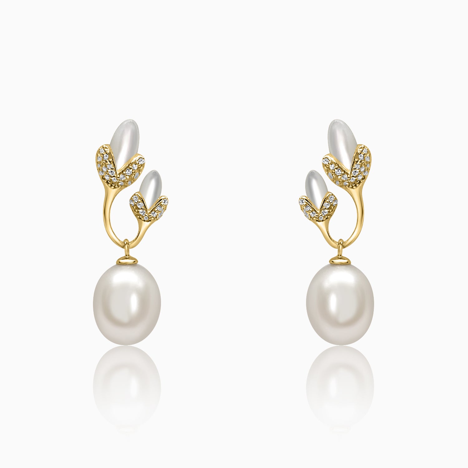 Silver Gold Budding Flowers Dangling Pearl Earrings