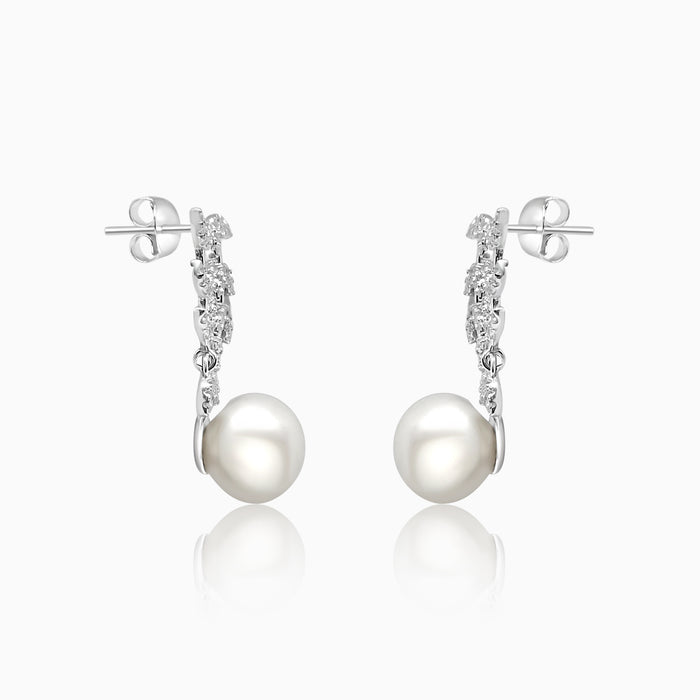 Silver Sparkling Curve Branch Dangling Pearl Earrings