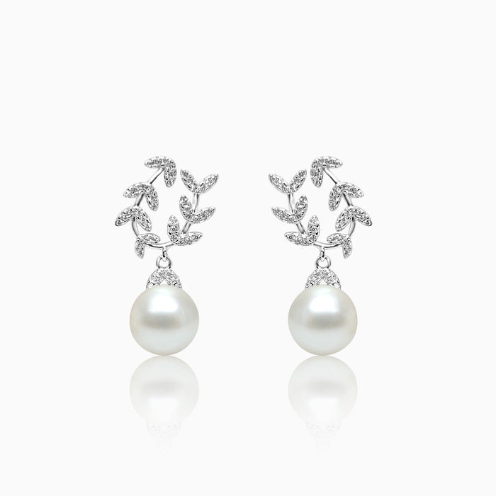 Silver Sparkling Curve Branch Dangling Pearl Earrings