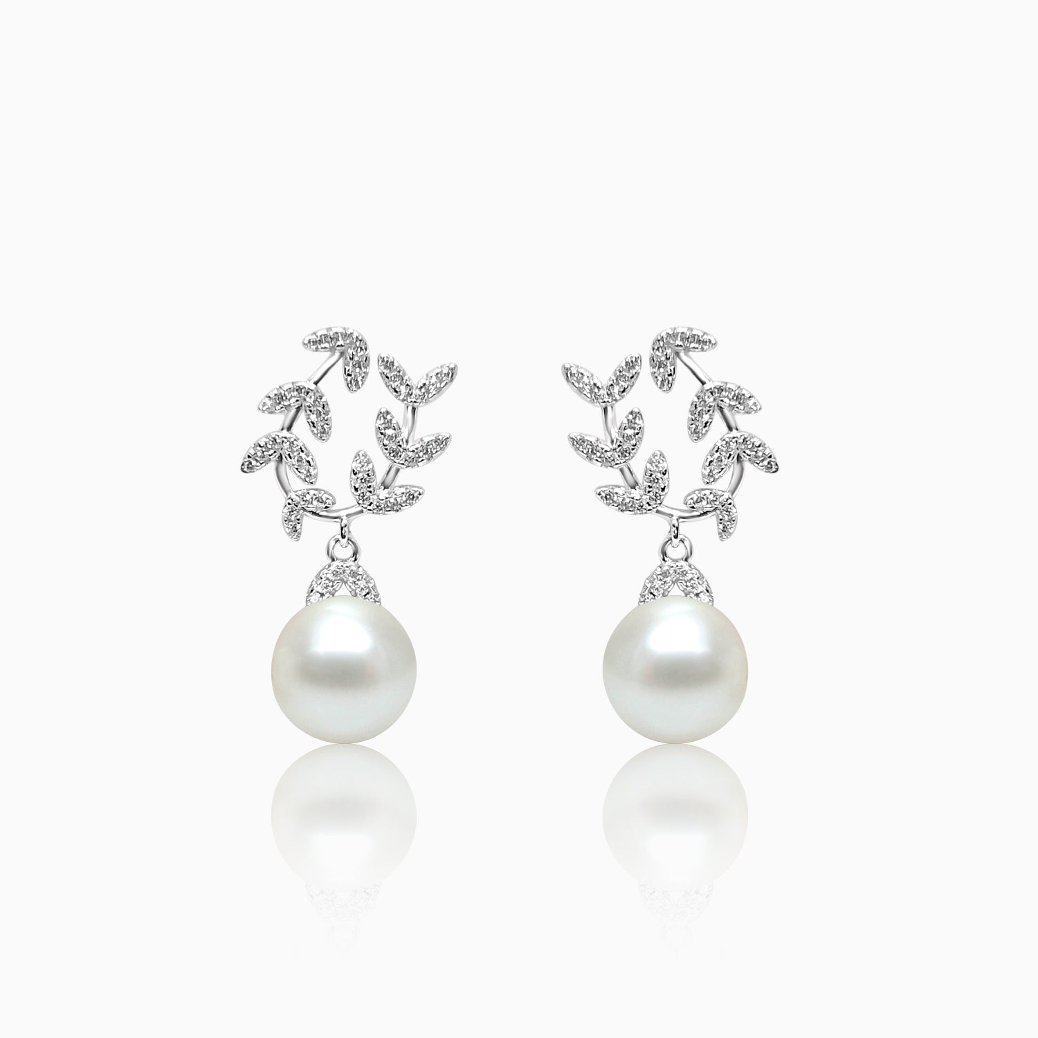 Silver Sparkling Curve Branch Dangling Pearl Earrings