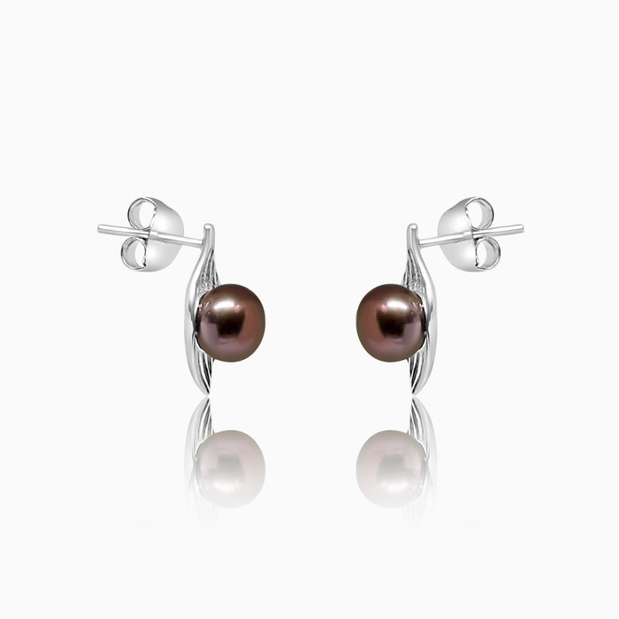 Silver Black Pearl Leaf Dew Drop Earrings