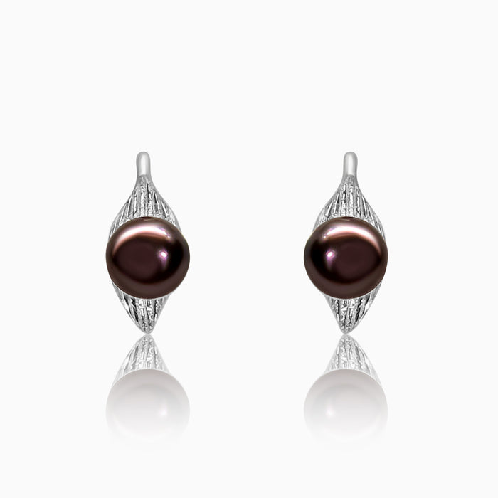 Silver Black Pearl Leaf Dew Drop Earrings