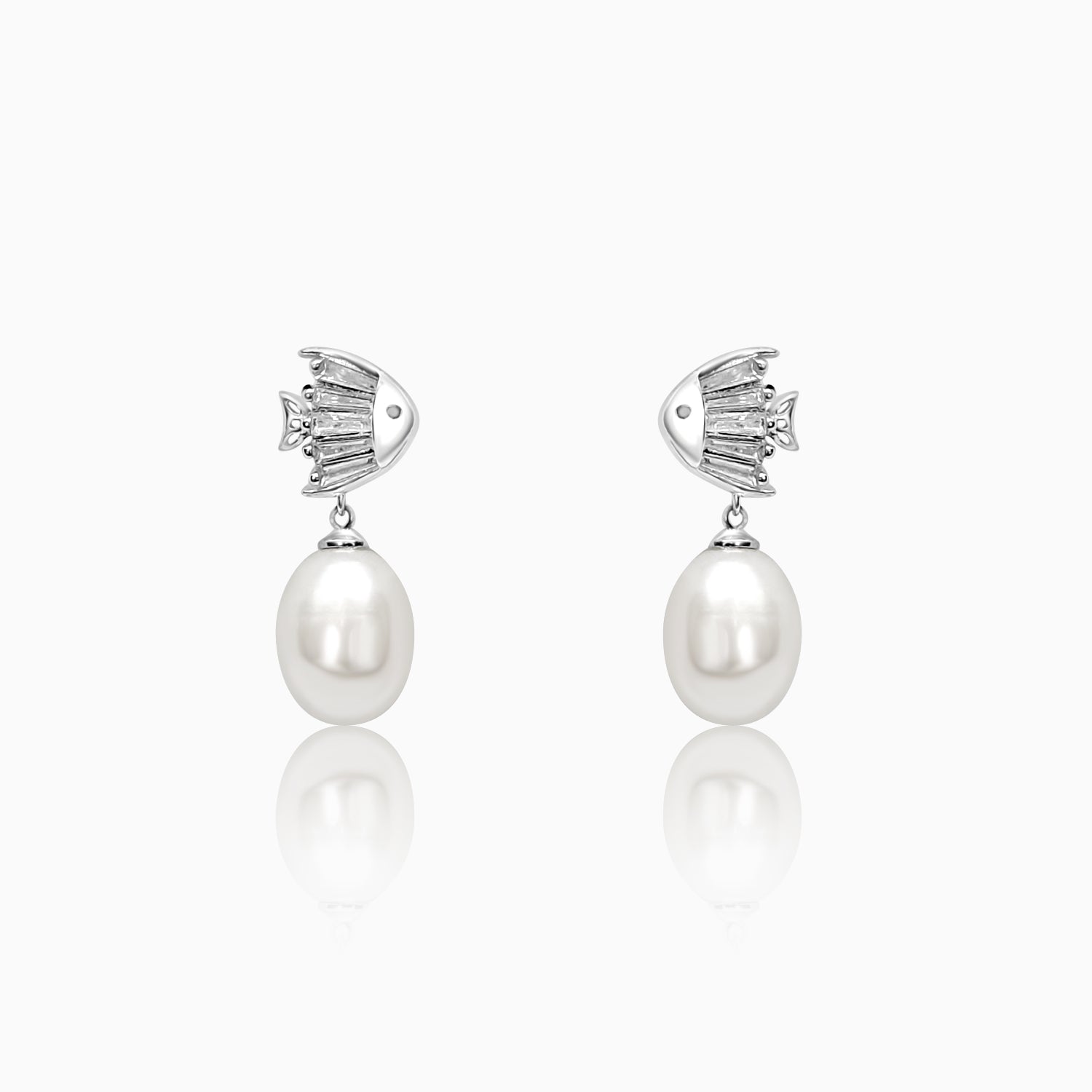 Silver Dangling Pearl Fish Earrings
