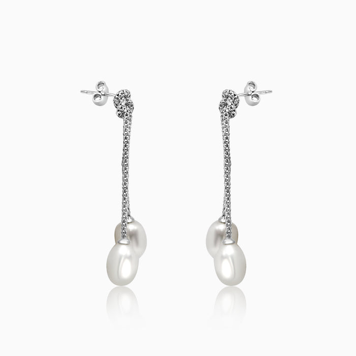 Silver Knotted Dangling Pearls Earrings