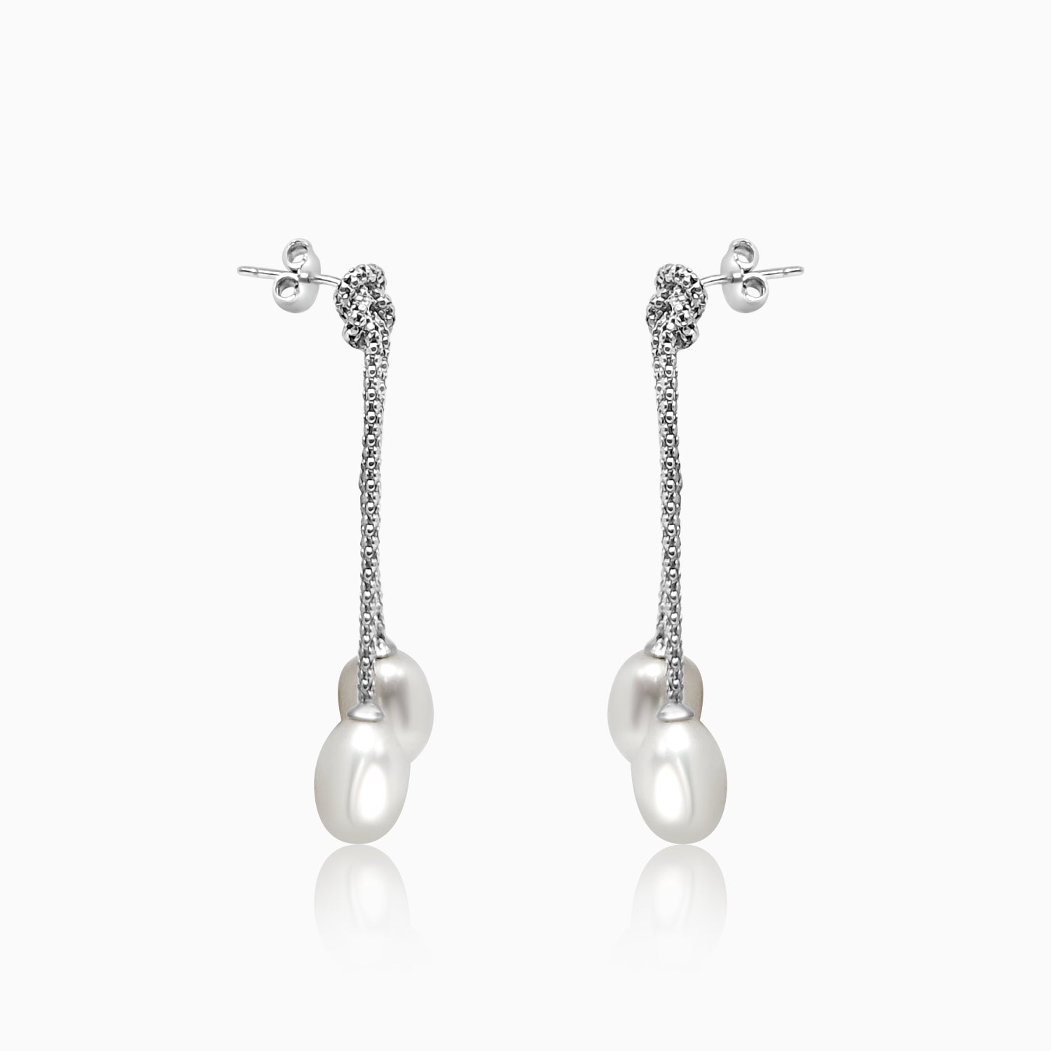 Silver Knotted Dangling Pearls Earrings