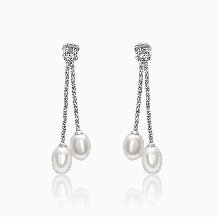 Silver Knotted Dangling Pearls Earrings