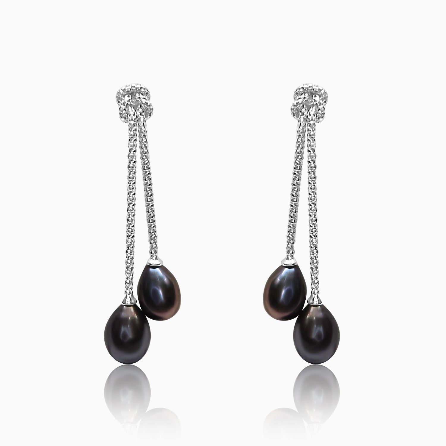 Silver Knotted Italian Chain Black Pearl Earrings