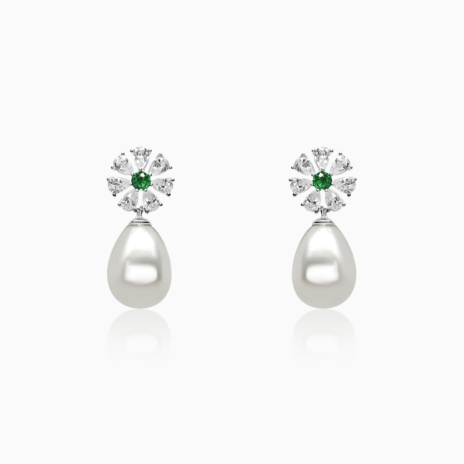 Silver Dangling Emerald and Pearl Flower Earrings