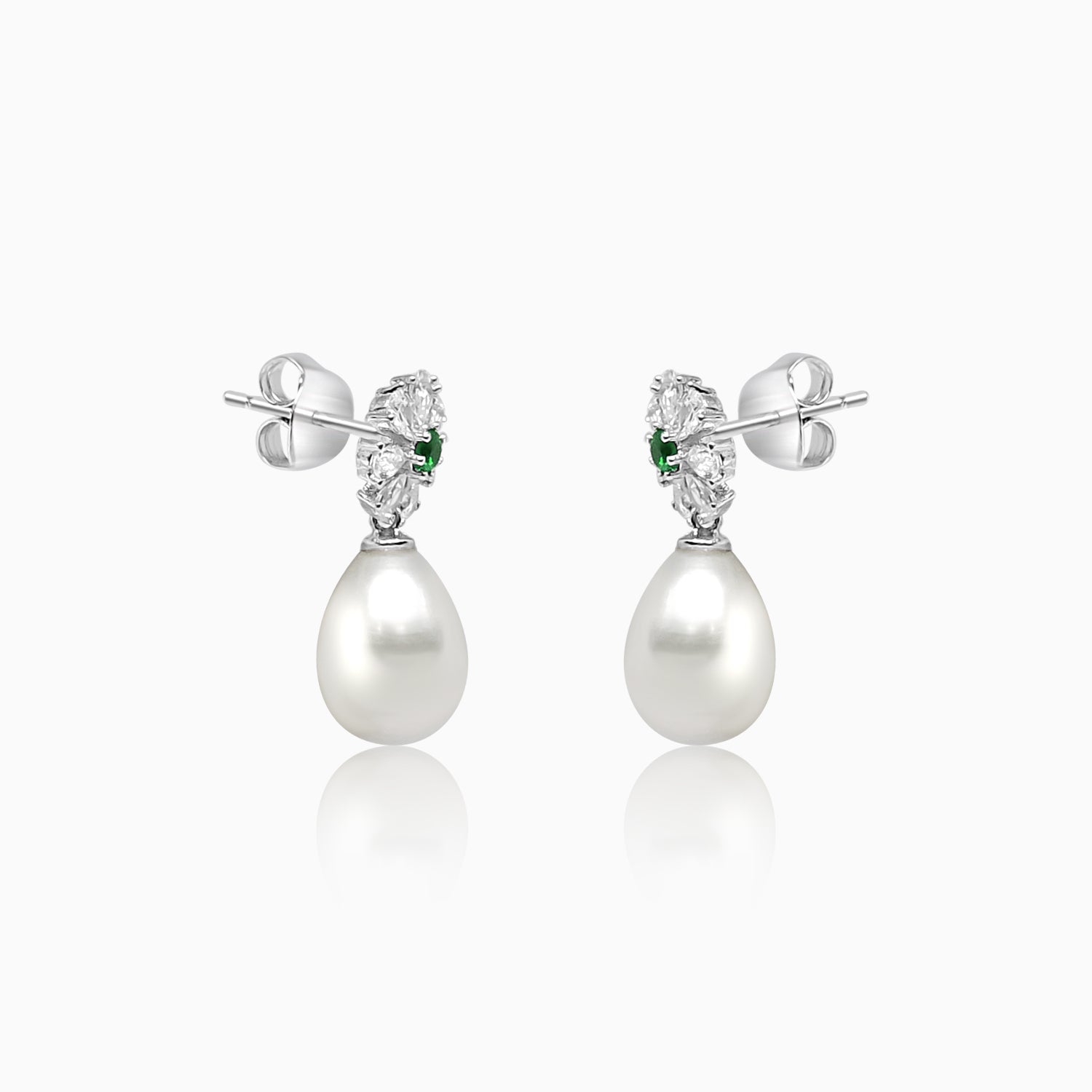 Silver Dangling Emerald and Pearl Flower Earrings