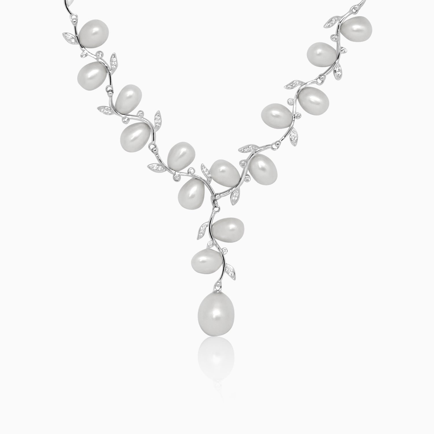 Silver Pearl Y Vine Necklace