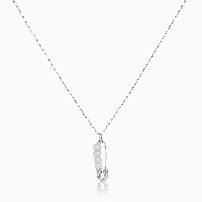 Silver Safety Pin Pearl Necklace