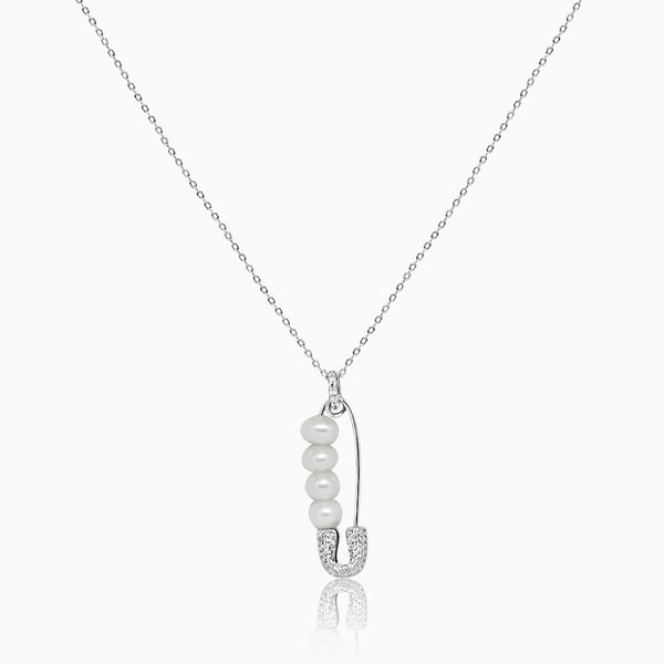 Silver Safety Pin Pearl Necklace