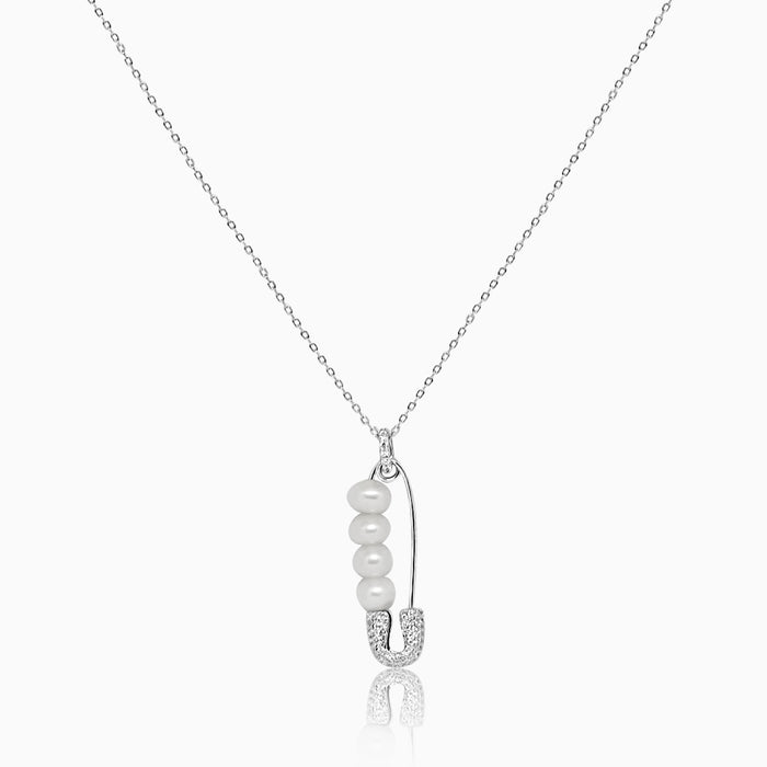 Silver Safety Pin Pearl Necklace