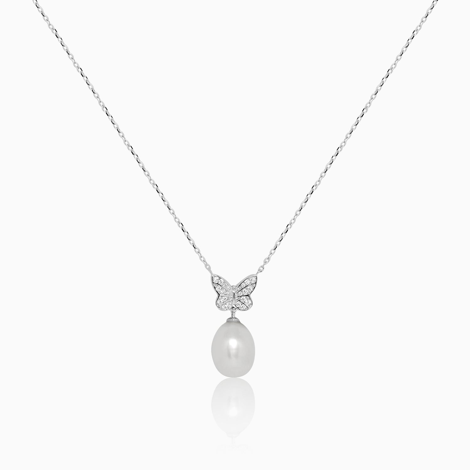 Silver Dangling Pearl Sparkle Butterfly Necklace