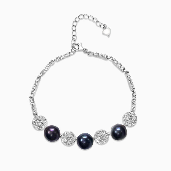 Silver Sparkling Zircon and Black Pearl Bracelet