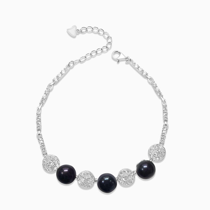 Silver Sparkling Zircon and Black Pearl Bracelet