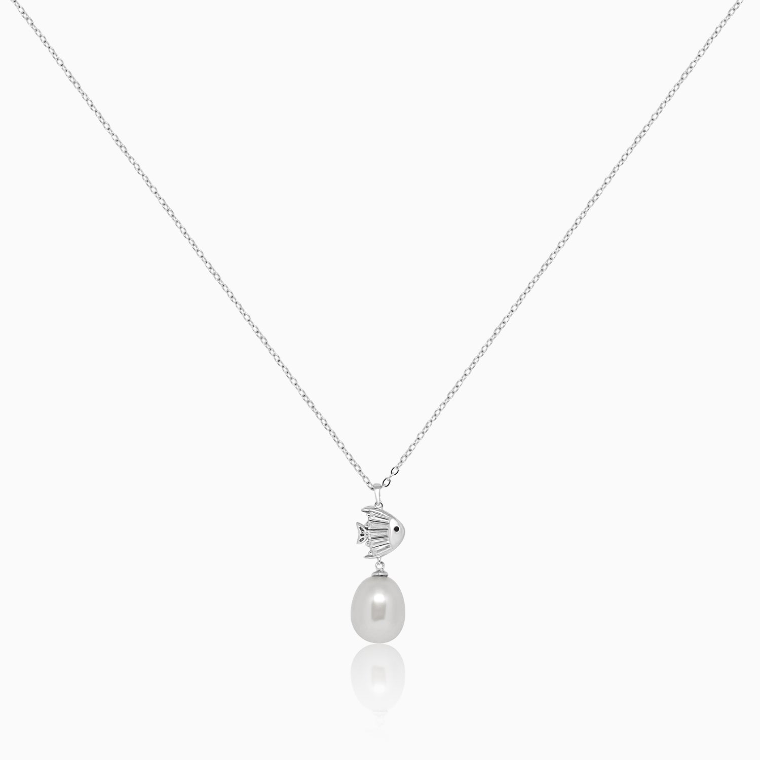 Silver Dangling Pearl Fish Necklace