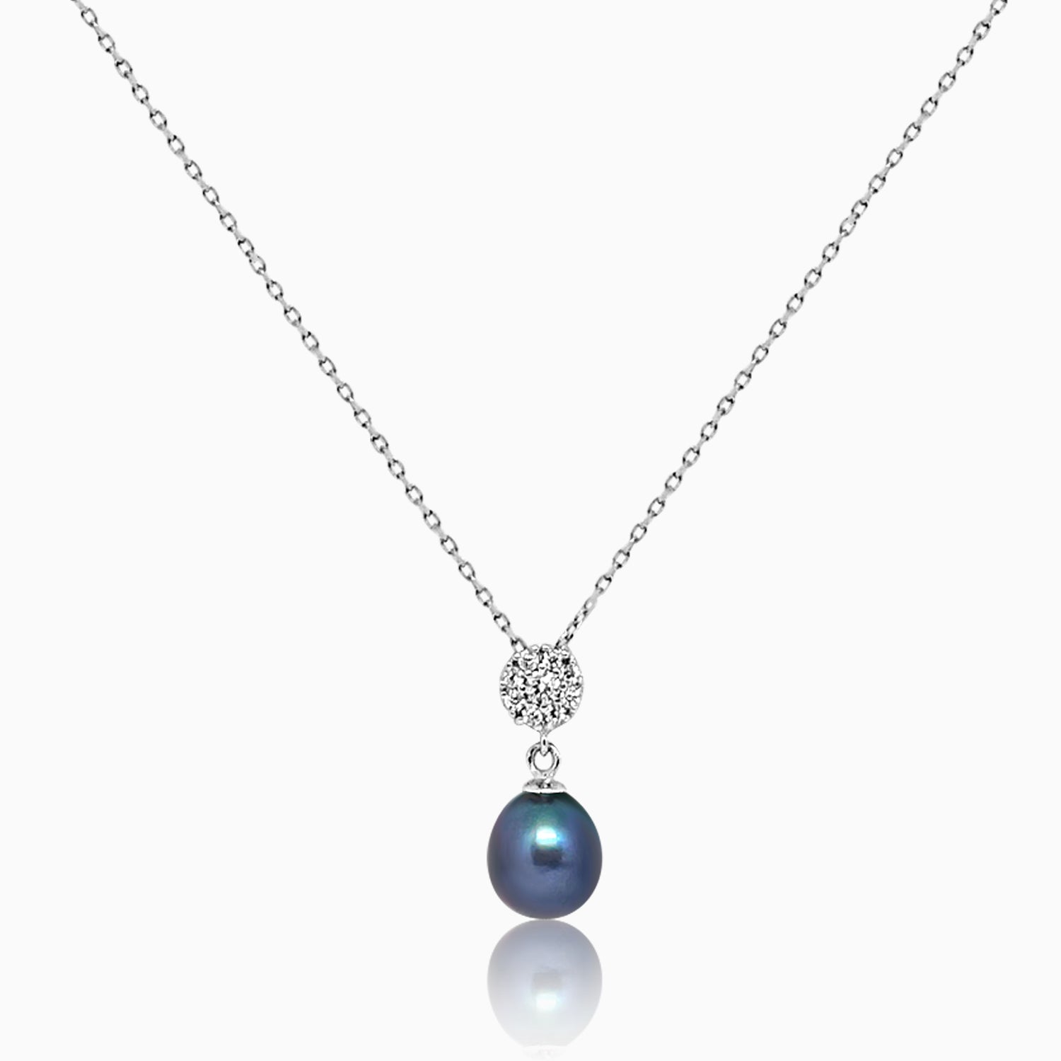 Silver Zircon Dangling Black Pearl Necklace