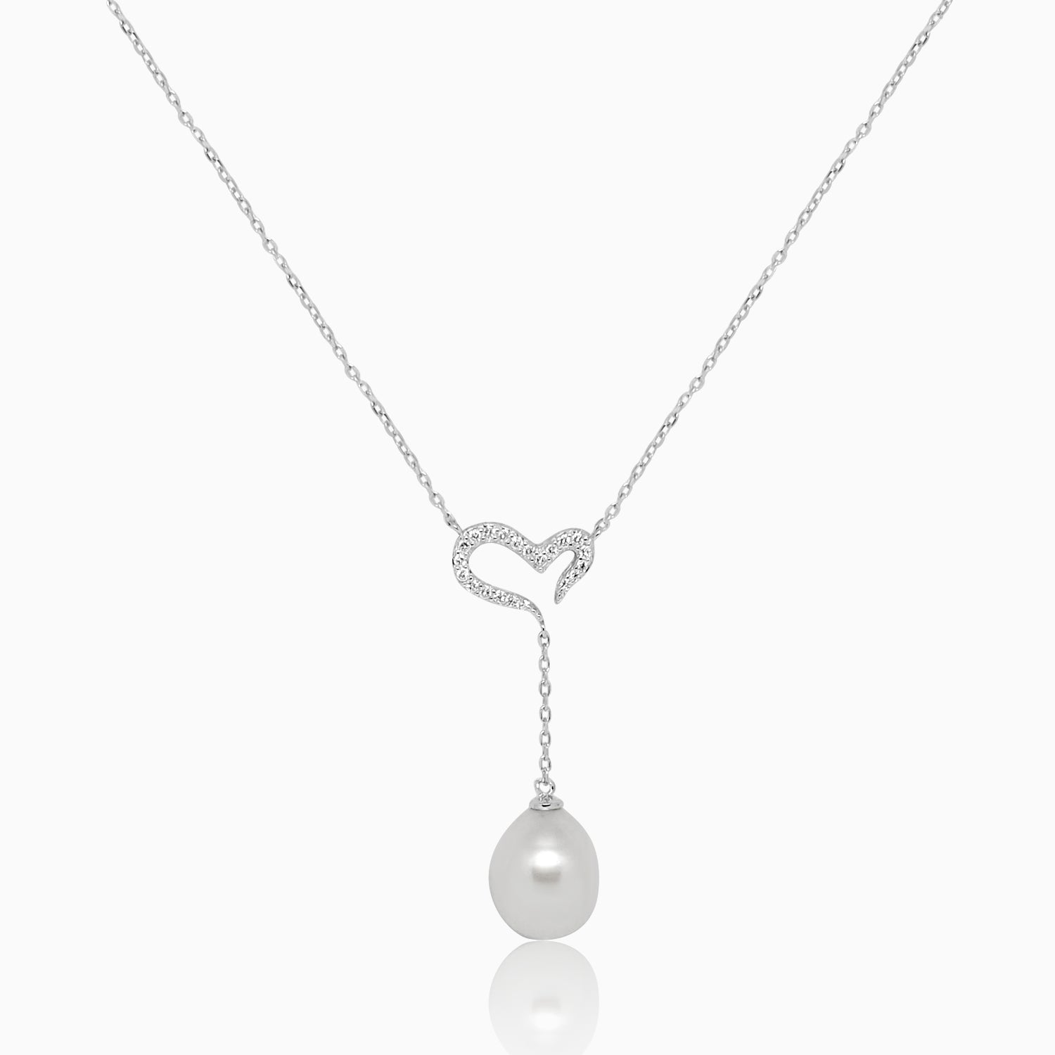 Silver Curl Heart Dangling Pearl Necklace