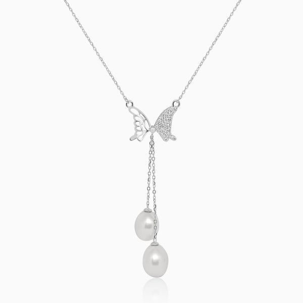 Silver Half Shimmer Butterfly with Dangling Pearls Necklace