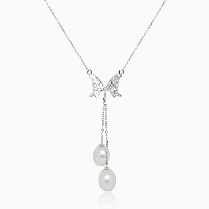 Silver Half Shimmer Butterfly with Dangling Pearls Necklace