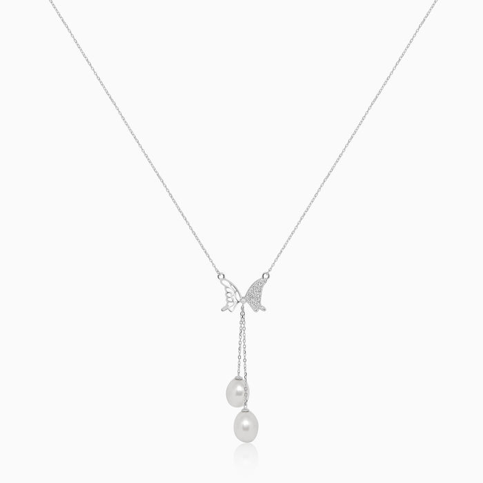 Silver Half Shimmer Butterfly with Dangling Pearls Necklace