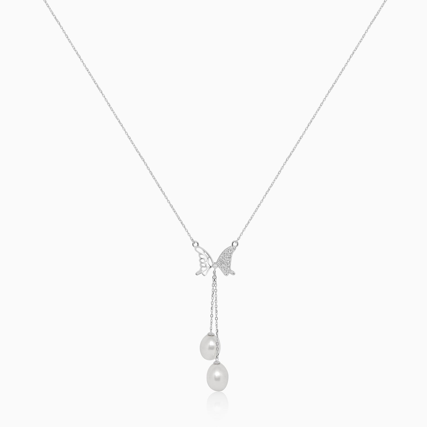 Silver Half Shimmer Butterfly with Dangling Pearls Necklace