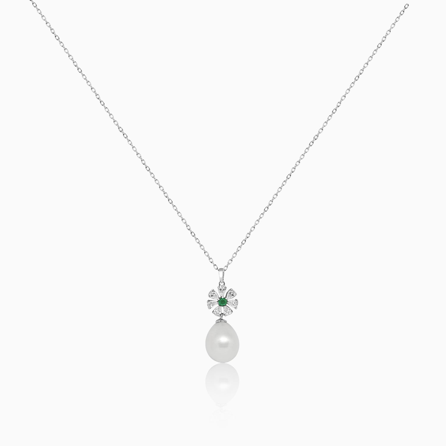 Silver Dangling Emerald and Pearl Flower Necklace