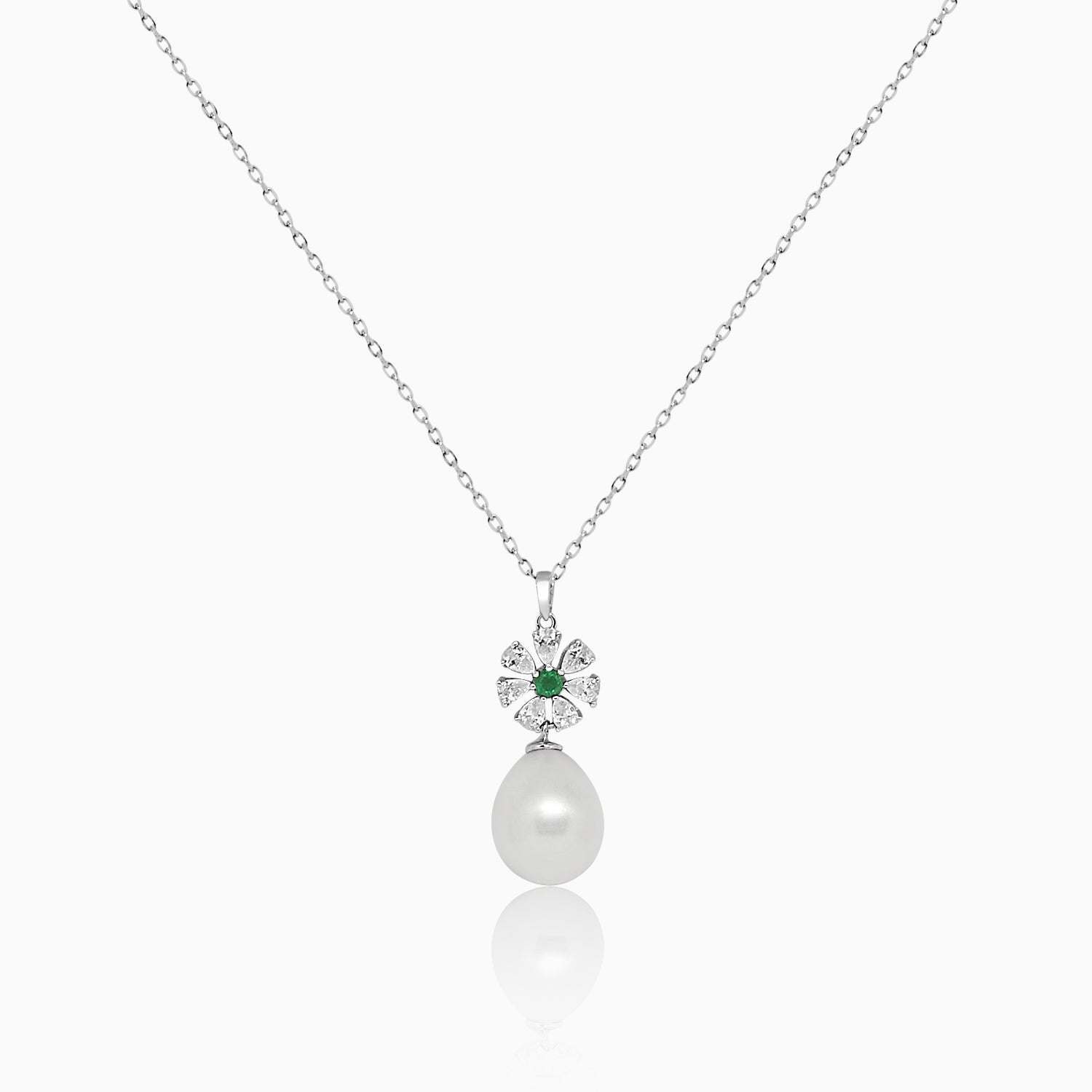Silver Dangling Emerald and Pearl Flower Necklace