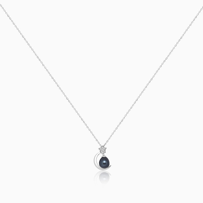 Silver Black Pearl Moon Star Necklace