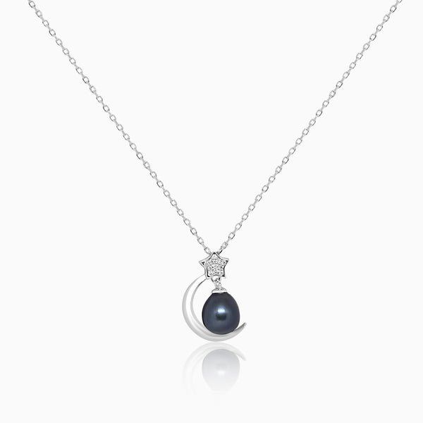 Silver Black Pearl Moon Star Necklace