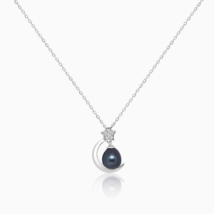 Silver Black Pearl Moon Star Necklace