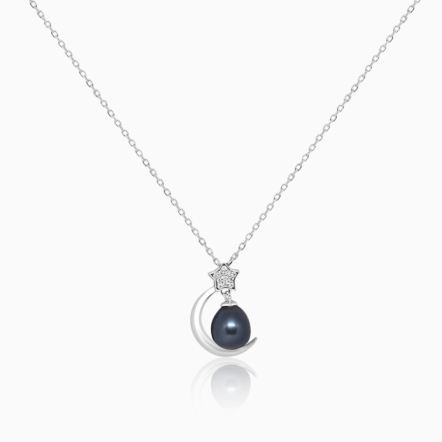 Silver Black Pearl Moon Star Necklace