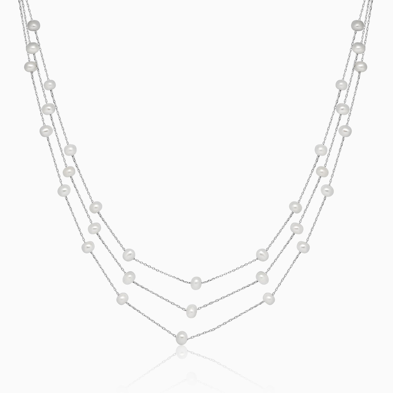 Silver Three Line Pearl Necklace