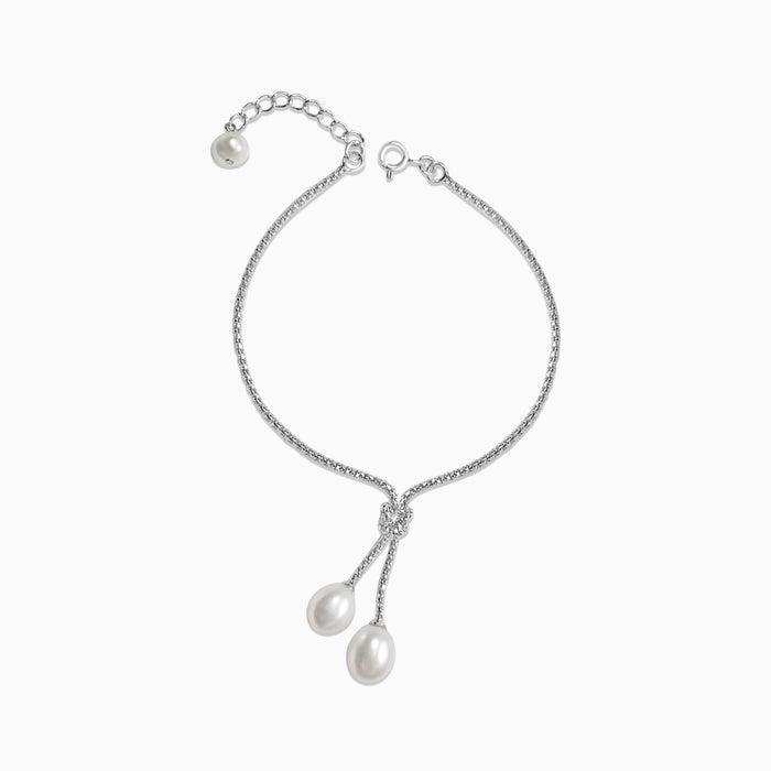 Silver Knotted Dangling Pearls Bracelet