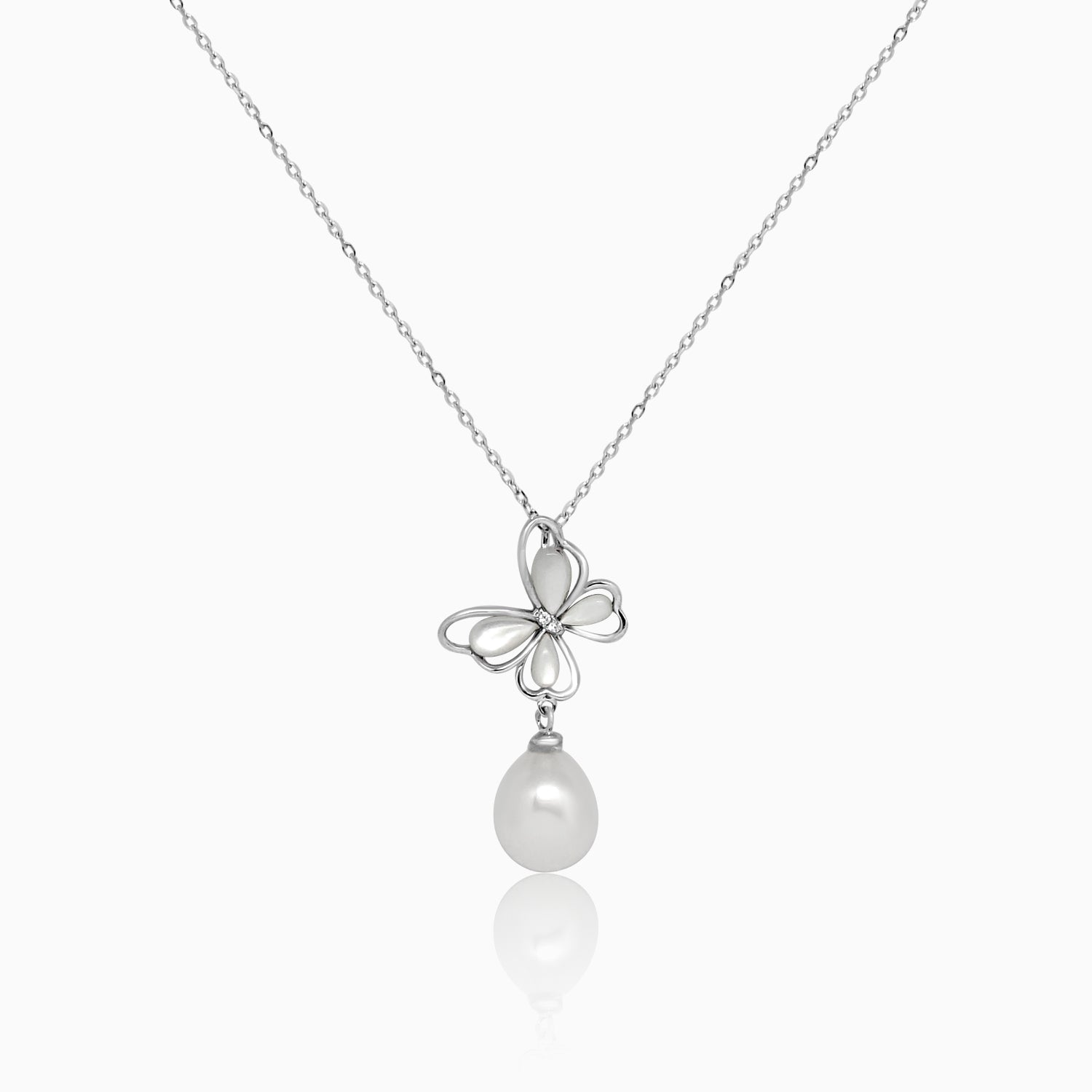 Silver Highlight Butterfly Dangling Pearl Necklace