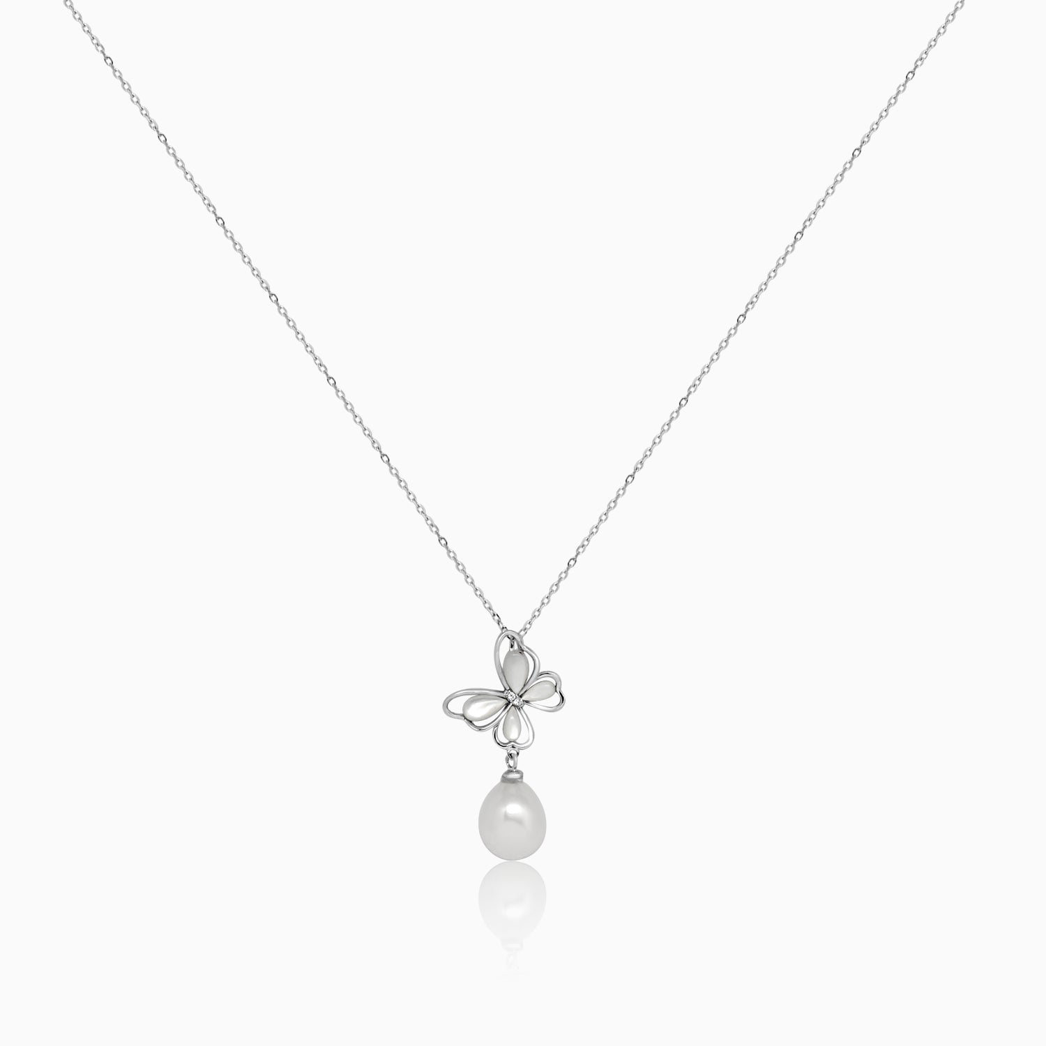 Silver Highlight Butterfly Dangling Pearl Necklace